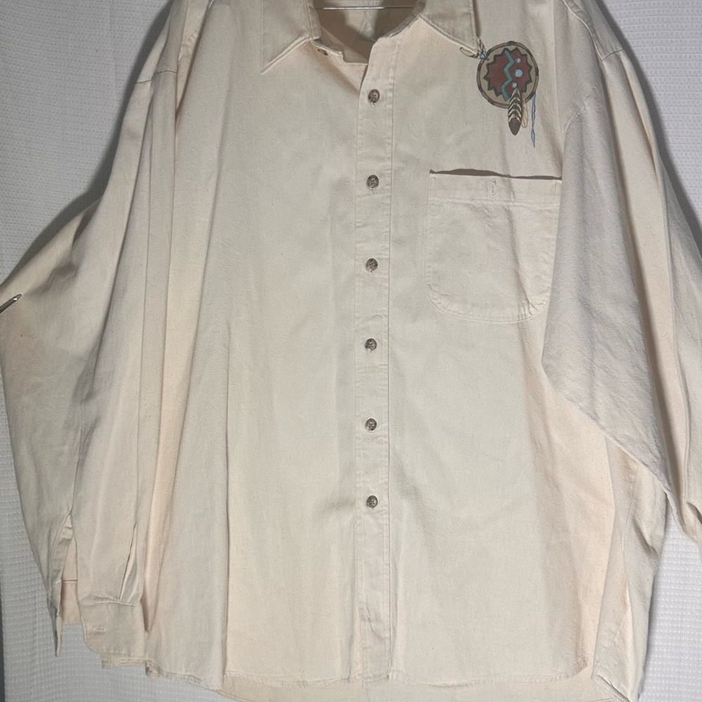 VTG Three Rivers Cream Button-Up Shirt with Embroidered Detail